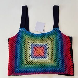 Pistola Multicolor Crochet Navy Blue Knit Tank Size L NEW 70s Retro Summer